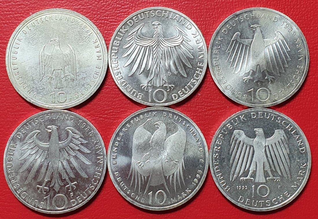 Muenzauktion 3207677 BRD 6 x 10 Deutsche Mark Sechs Silber Münzen