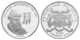 500 Francs 2005 Benin, Silbergedenkmünze Gutenberg, PP; 7 g; ...