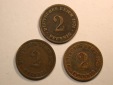 E02  KR  2 Pfennig 1874-1875  3 Münzen Orginalbilder