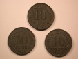 E04  KR Ersatzmünzen 3 x 10 Pfennig 1918, 1920 und 1922 besse...