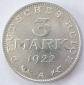 Deutsches Reich 3 Mark 1922 A Alu ss