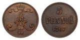 Ausland; Finnland 5 Pennia 1867 Münze, Alexander II, Kupfer