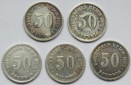 Kaiserreich: Fünf verschiedene 50 Pfennig