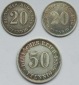 Kaiserreich: 2 x 20 Pfennig + 1 x 50 Pfennig, Top-Erhaltung