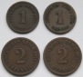 Kaiserreich: Vier seltene Jahrgänge 1 + 2 Pfennig