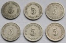 Kaiserreich: Sechs verschiedene seltene Jahrgänge 5 Pfennig