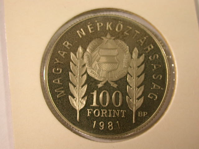  12020   Ungarn  1300 Jahre Bulgarien 1981 Botev/Petöfi  100 Forint in PP (Proof) KM622  RR   