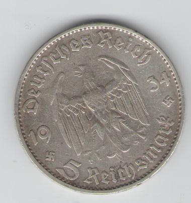  5 Reichsmark Deutsches Reich 1934 D (Silber)(g1136)   