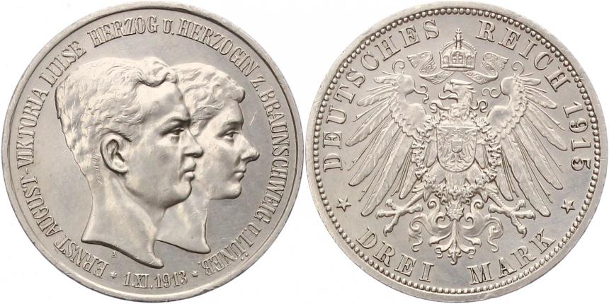  6746  Braunschweig 3 Mark Silber 1915   vorzüglich   