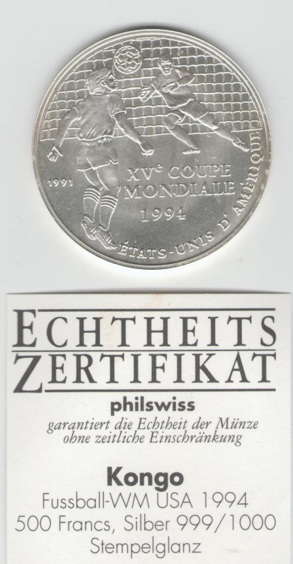  500 Francs Kongo 1991(Fussball WM) Silber   