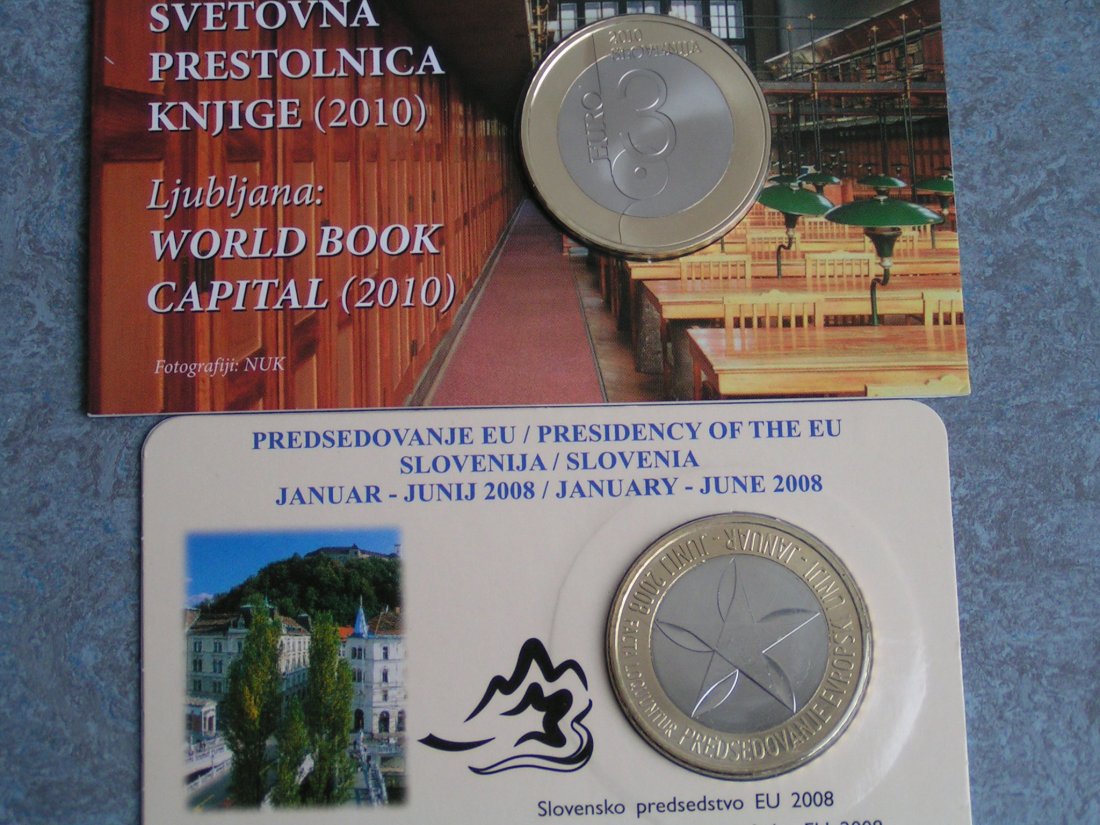  Slowenien 2 Coincards: 2008 + 2010 <i>3 Euro EU-Rat</i> + 3 Euro <i>Unesco Ljubljana</i>   