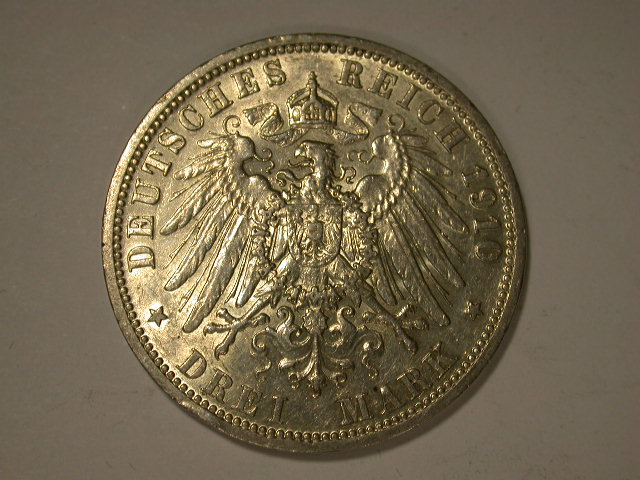  13102 KR Silber  Preussen  3 Mark 1910 in vz-st, Rdf. Originalbilder   