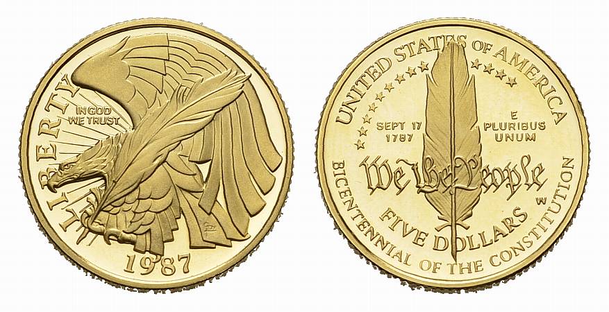 PEUS USA 7,52 g Feingold. Constitution Bicentennial 5 Dollars GOLD 1987 Impaired proof, Vorzüglich aus PP