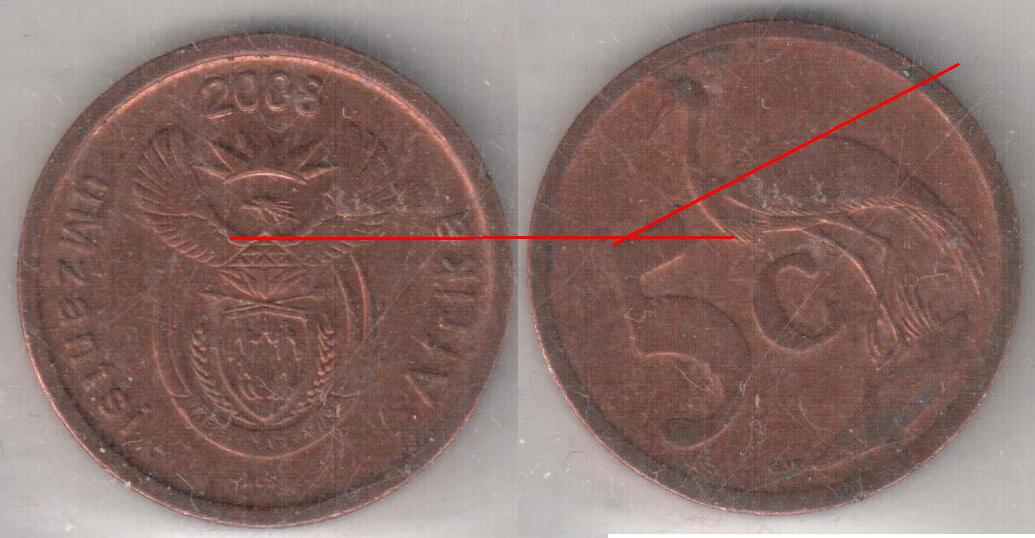 Südafrika 5 Cent 2008 Stempeldrehung 25° rotation error   