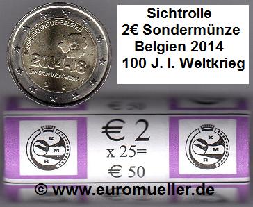 Belgien Rolle...2 Euro Sondermünze 2014...100 J. I. Weltkrieg   