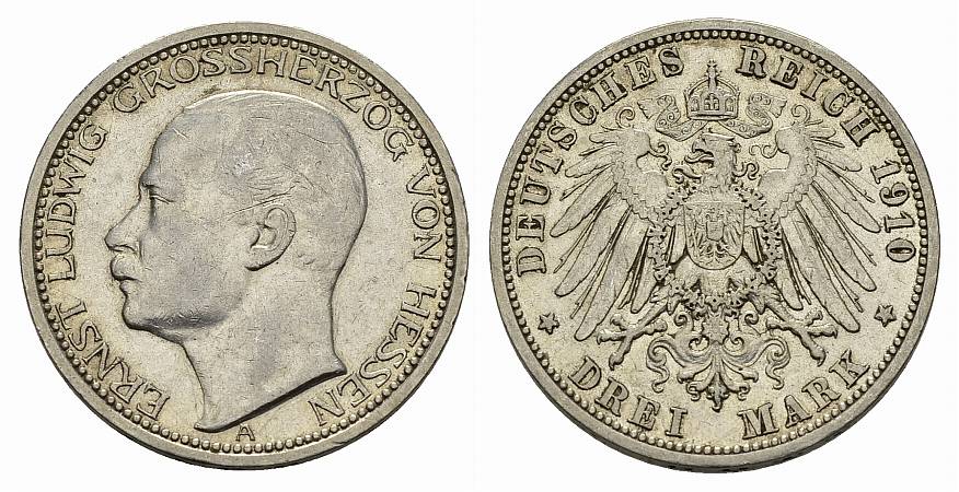 PEUS 3052 Kaiserreich Hessen Ernst Ludwig (1892 - 1918) 3 Mark 1910 A Sehr schön +