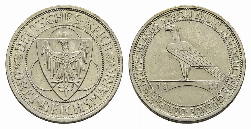 PEUS 3467 Weimarer Republik Zur Rheinland-Räumung 3 Reichsmark 1930 D Vorzüglich -