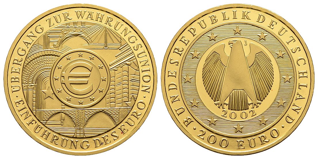 PEUS 5071 BRD 31,1 g Feingold. Währungsunion incl. Etui und Zertifikat 200 Euro GOLD Unze 2002 J Hamburg Stempelglanz, winzige rote Flecken