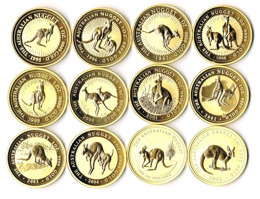 Australien MM-Frankfurt Feingewicht: 12x 31,1g Gold 100 Dollar (Känguru) 1995-2006 stempelglanz/vz