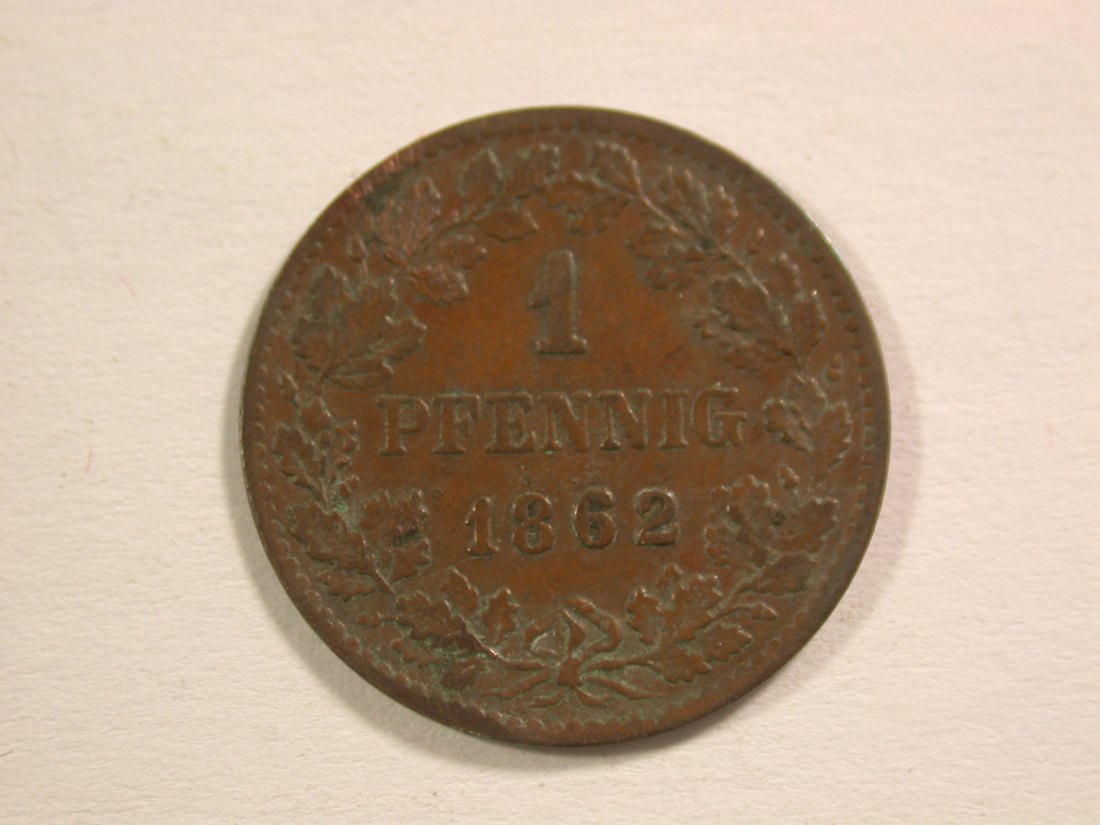  15013 Nassau  1 Pfennig 1862, ss gewellt, Druckstelle   Orginalbilder   