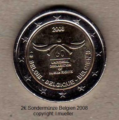 Belgien ...2 Euro Sondermünze 2008...unc...60 Jahre Menschenrechte   