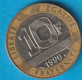  Frankreich 10 Francs 1990Al-N-Bro/ N  Schön Nr.259 (C65)   