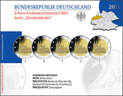  5 x 2 Euro Sondermünzen BRD Serie Bundesländer Kölner Dom 2011, Blister, Spiegelglanz, PP   