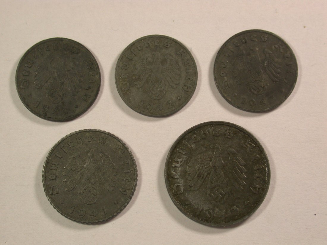 Lots -13- 3. Reich 1, 5 und 10 Pfennig, 1941-1943 5 Münzen Orginalbilder   