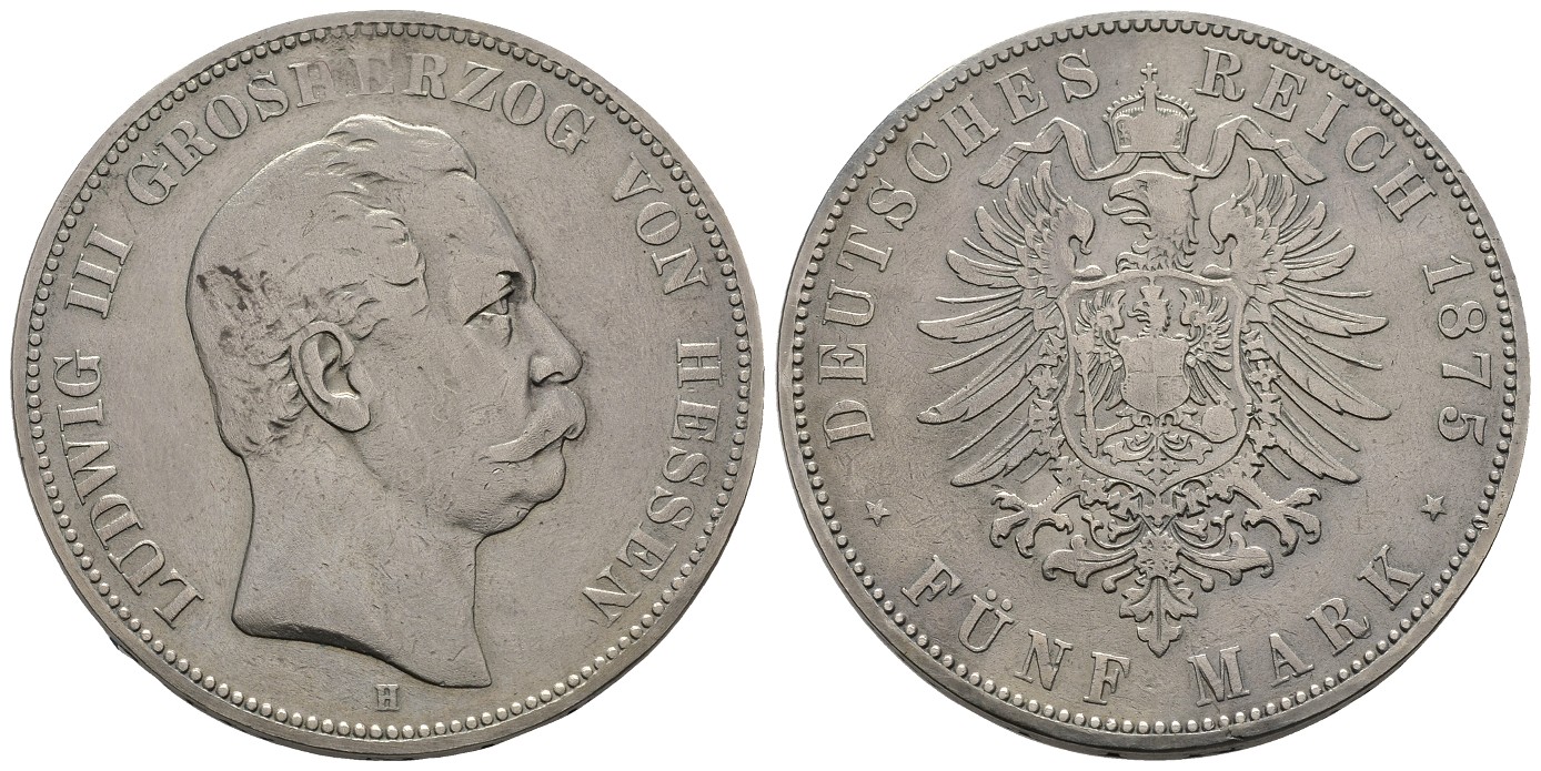 PEUS 7064 Hessen - Kaiserreich Ludwig III. (1848 - 1877) 5 Mark 1875 H Sehr schön