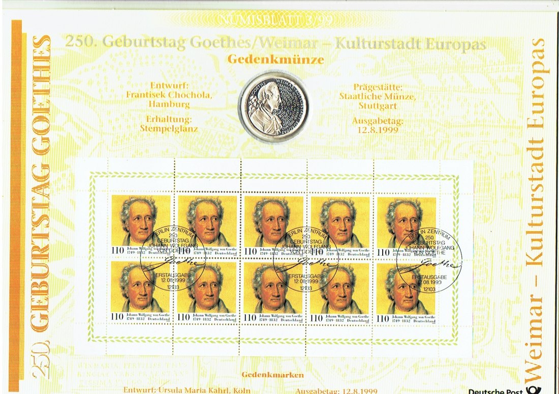  Numisblatt Deutschland(3/99) Weimar/Goethe mit 10 Mark Sondermünze Goethe/Weimar in Silber(a13)   