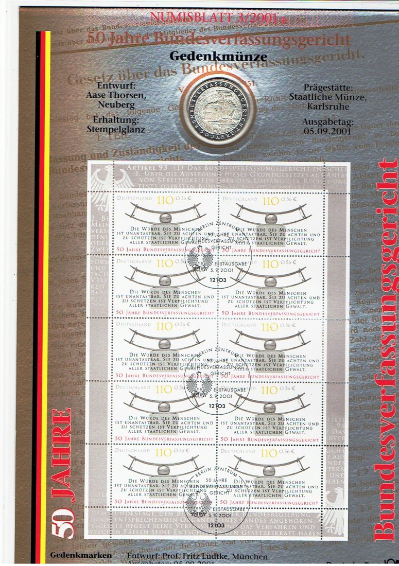  Numisblatt Deutschland(3/2001)Bundesverfassungsgericht mit 10 Mark Sondermünze in Silber(g1291)   