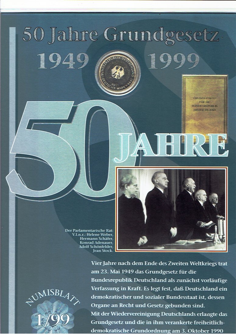  Numisblatt Deutschland(1/1999) Grundgesetz mit 10 Mark Sondermünze Grundgesetz  in Silber(a18)   