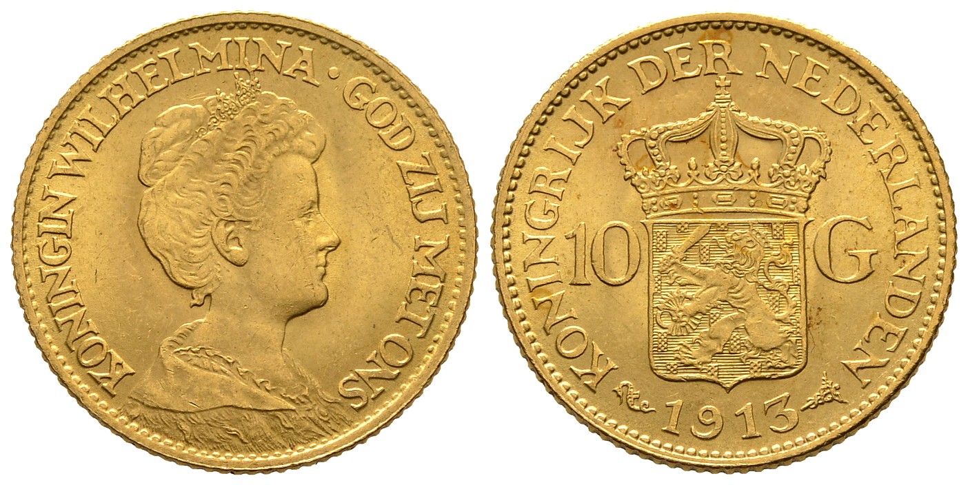 PEUS 7285 Niederlande 6,06 g Feingold. Wilhelmina (1890 - 1948) 10 Gulden GOLD 1913 Fast Vorzüglich