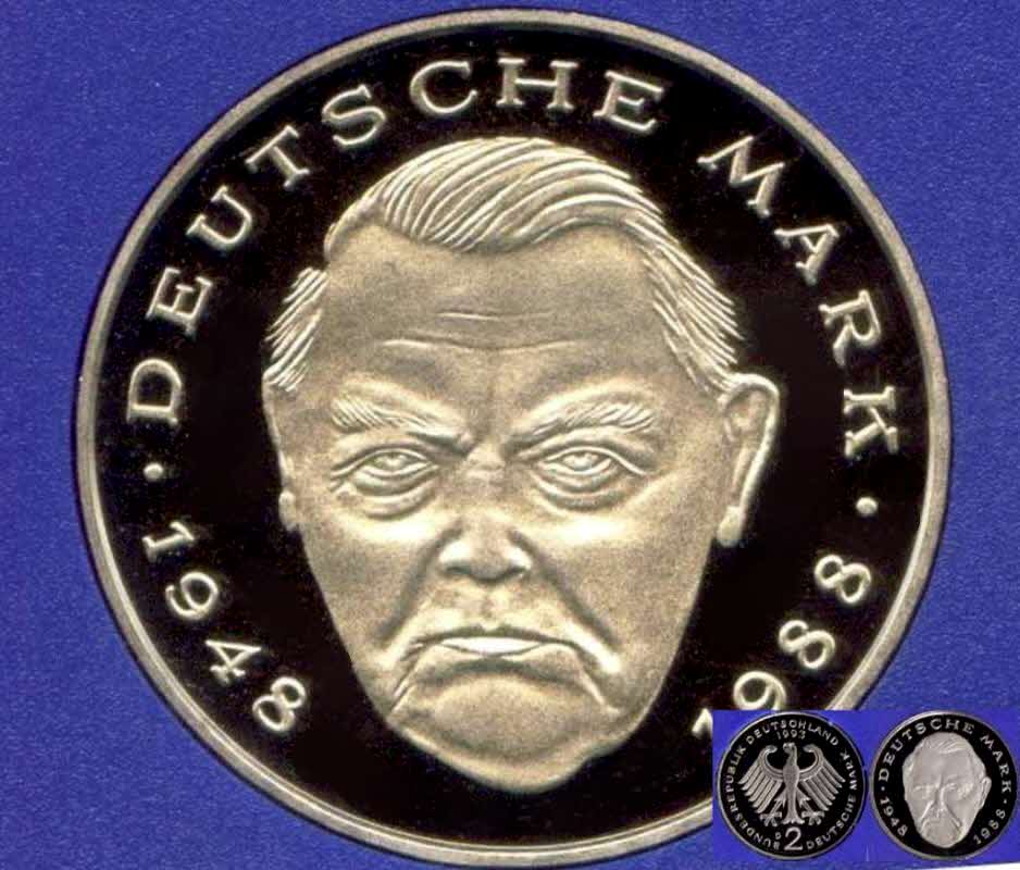  1991 J * 2 Deutsche Mark Ludwig Erhard Polierte Platte PP, proof, top   