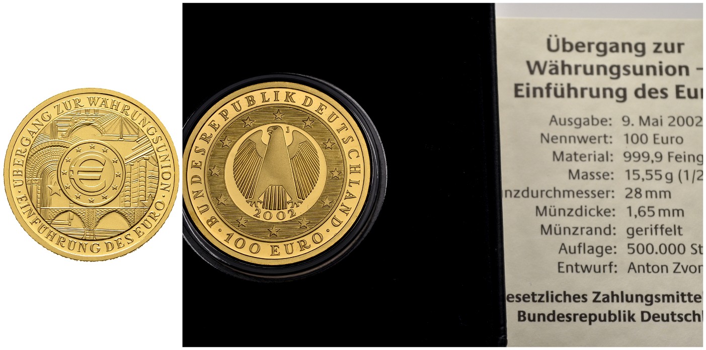PEUS 7524 BRD 15,55 g Feingold. Währungsunion incl. Etui und Zertifikat 100 Euro GOLD Unze 2002 J Hamburg Stempelglanz