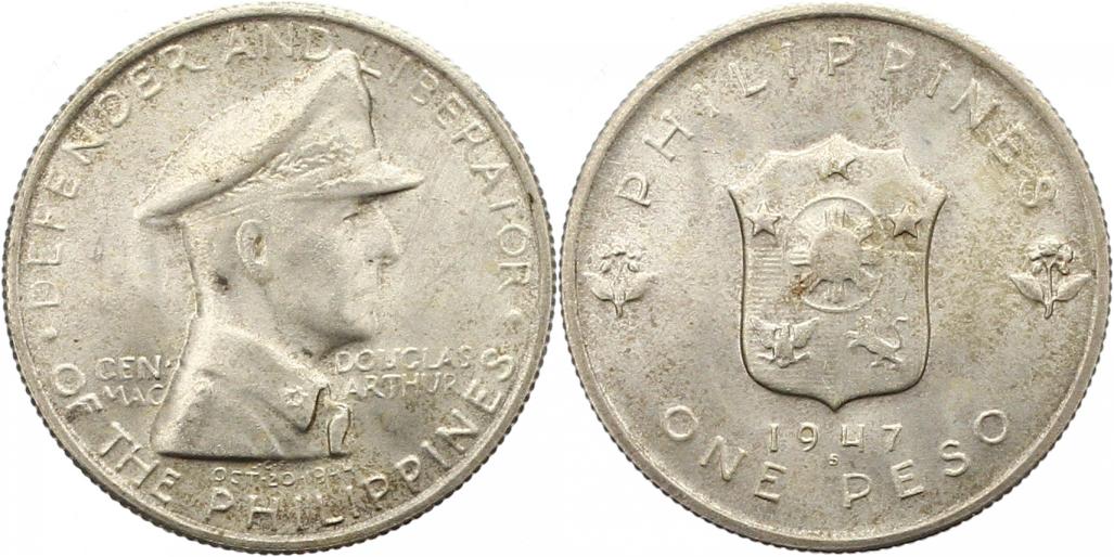  7181 Philippinen  1 Peso 1947  Mac Arthur  18 Gramm Silber  vorzüglich   