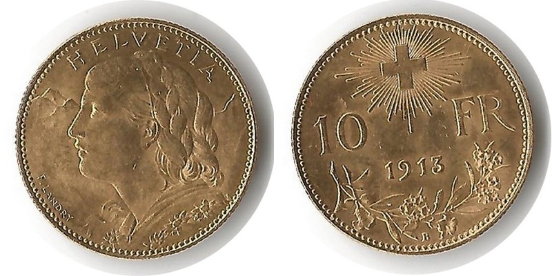 Schweiz MM-Frankfurt Feingewicht 2,90g Gold 10 sFR (1/2 Vreneli) 1913 sehr schön