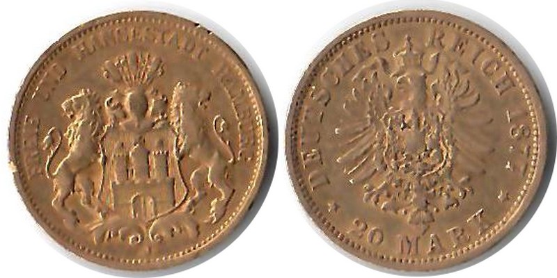 Hamburg, Freie und Hansestadt MM-Frankfurt Feingewicht: 7,17g Gold 20 Mark 1877 J sehr schön (Randfehler)
