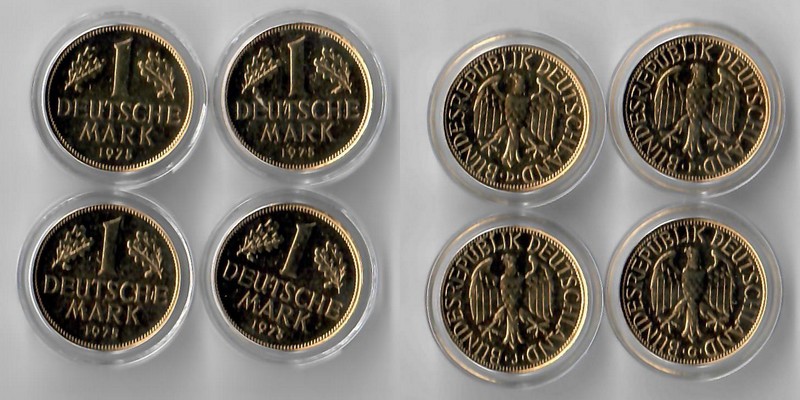 Deutschland  4x 1 DM Kursmünzen vergoldet  1975 JDFG  FM-Frankfurt    Stempelglanz   
