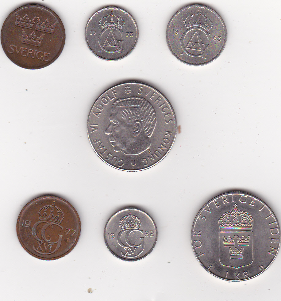  Schweden, 7 verschiedene Kursmünzen   