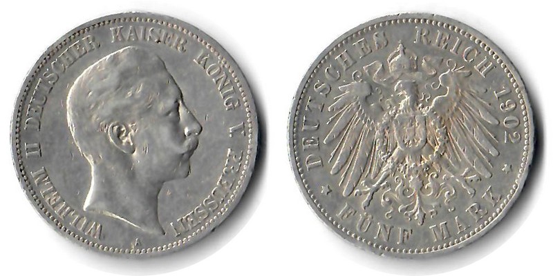  Preussen, Kaiserreich  5 Mark  1902 A  FM-Frankfurt Feingewicht: 25g Silber  sehr schön   