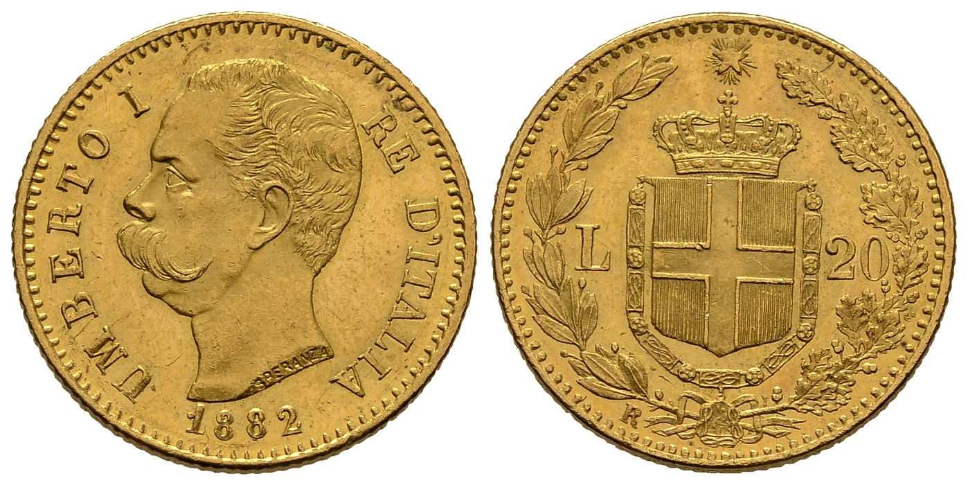PEUS 7704 Italien 5,81 g Feingold. Umberto I. (1878 - 1900) 20 Lire GOLD 1882 R Rom Kl. Kratzer, Sehr schön +