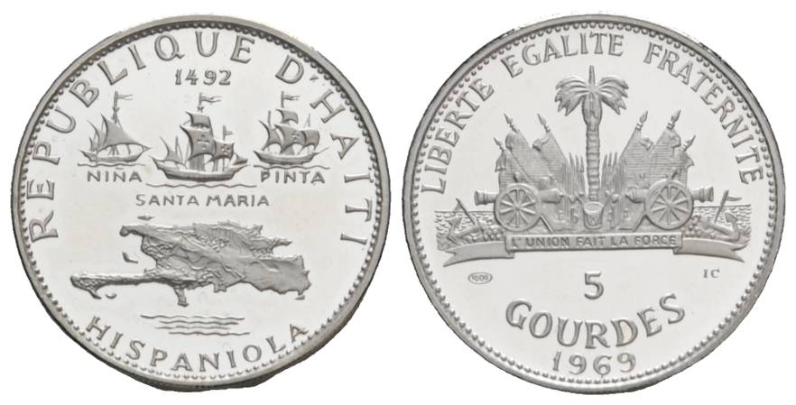  Schifffahrtsmünze; Haiti 5 Gourdes 1969; AG, 23,10 g, Ø 30 mm   