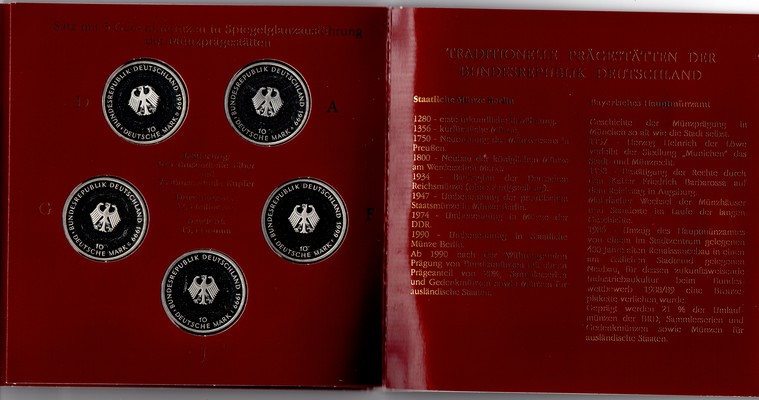  BRD  5 x 10 DM  1999 (50 Jahre Grundgesetz der Bundesre) FM-Frankfurt  Feingewicht: 71,65g Silber pp   