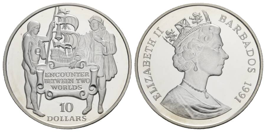  Schifffahrtsmünze; Barbardos, 10 Dollars 1991, AG; 23,65 g; Ø 39 mm   
