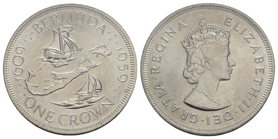  Schifffahrtsmünze; Bermuda, one Crown 1959; AG, 28,17 g, Ø 39 mm   
