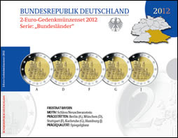  5 x 2 Euro Gedenkmünzen BRD Serie Bundesländer Bayern 2012, offiz. Blister, Spiegelglanz,   