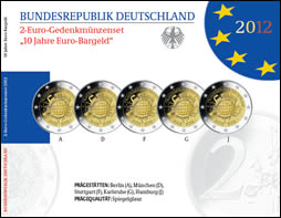  5 x 2 Euro Gedenkmünzen BRD, 10 Jahre Euro - Bargeld 2012, offiz. Blister, Spiegelglanz, PP   