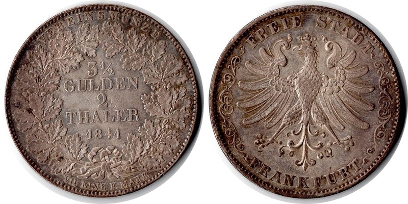  Frankfurt Stadt Doppeltaler (3 1/2 Gulden) 1841  FM-Frankfurt  Feingewicht: 33,33g  Silber  ss/vz   