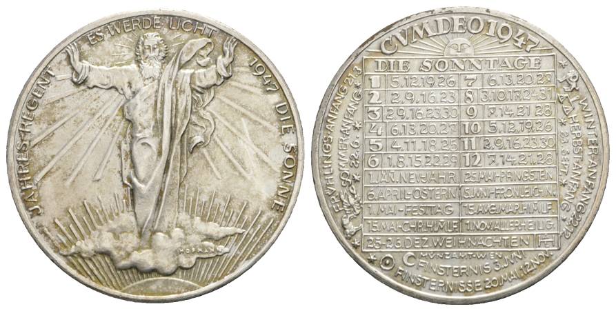  Kalendermedaille 1947 Jahr Regent Sonne; versilberte Bronze; Ø 40 mm, 22,87 g   